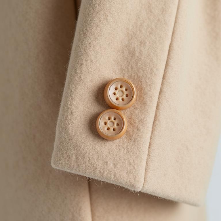 Detail shot of the overcoat's fabric and buttons.